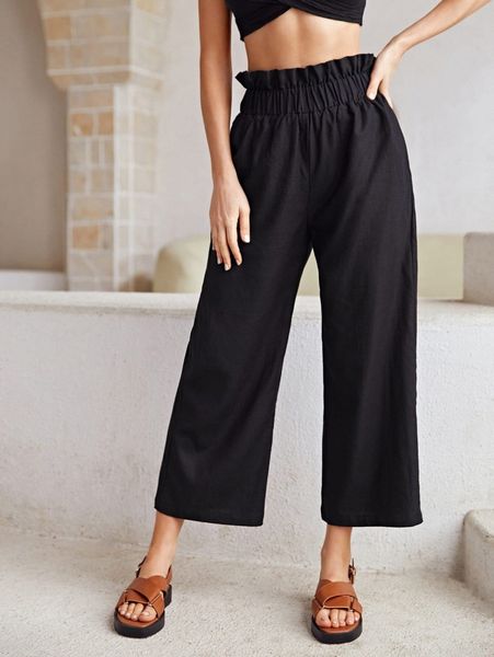 

paper bag waist solid cropped wide leg pants z4xn#, Black;white