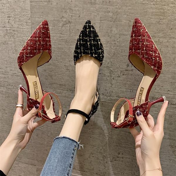 

dress shoes high-heeled sandals female thin heeled 2021 summer version of the leisure tip baotou snap lady in her 618, Black