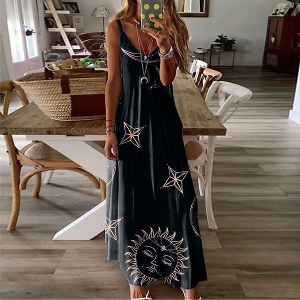 

casual dresses daisy printed dress women summer vestido de mujer print sleeveless camisole long v-neck tank vintage, Black;gray