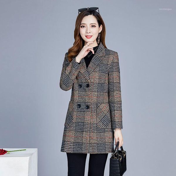 

women's wool & blends women winter's plus sized 5xl mid-lengh stripe plaid woll blend jacket lapel double-breasted woolen coat thi, Black