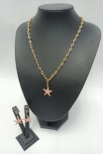 

earrings & necklace women's fashion jewelry gold plated star patterned and double sets pink, Silver