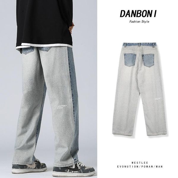 

men's jeans loose straight 2021 autumn and winter fashion brand color matching mopping wide-leg pants men, Blue