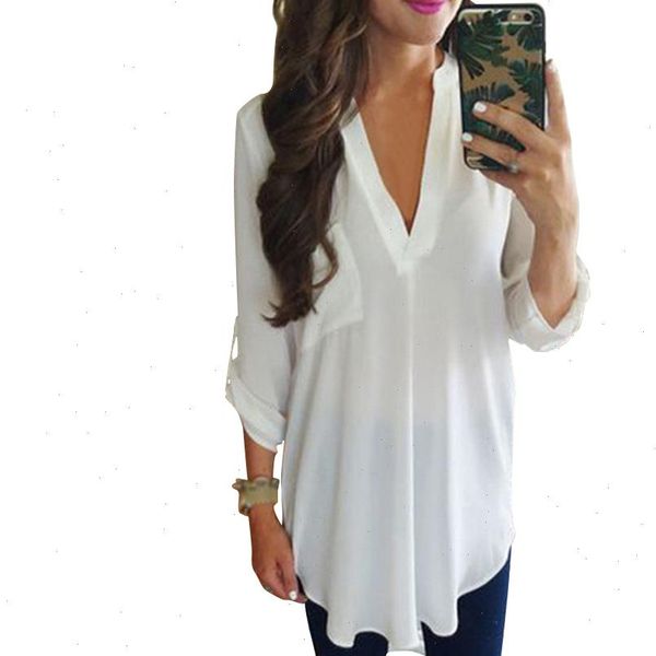 

casual women blouse summer solid plus size tunic long sleeve loose v neck with pocket party chiffon pullover, White