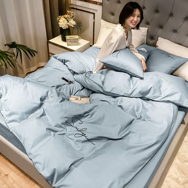 

net red all cotton bed four piece set pure cotton simple pure color embroidered quilt cover 1.5/1.8m fitted sheet european style