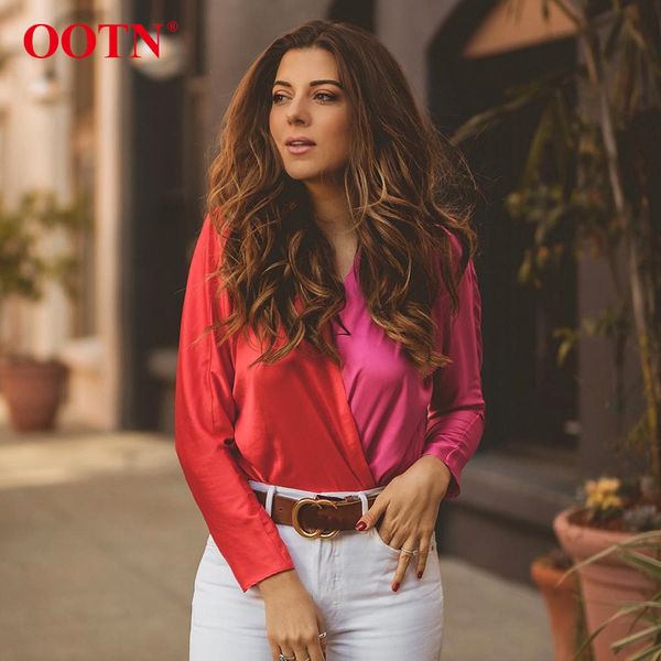 

ootn long sleeve pink red patchwork jumpsuit blouse women winter satin bodysuits female body splicing silk overalls shirts 210303, Black;white
