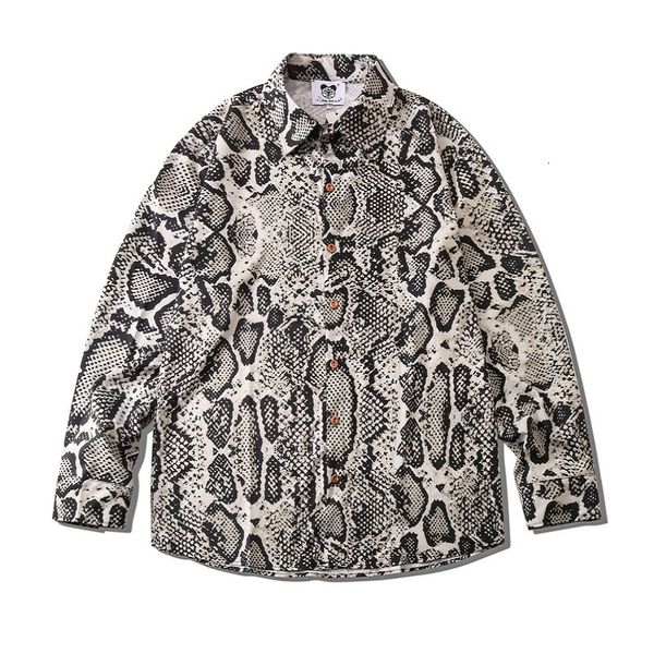

2021 new spring men's vintage serpentine printed shirts style long sleeve turndown collar oversized shirt for man defacto t9jv, White;black