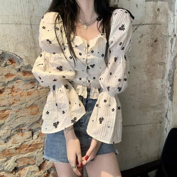 

women's blouses & shirts summer 2021 french temperament chic age reduction fashion versatile floral trumpet long sleeve shirt wear, White