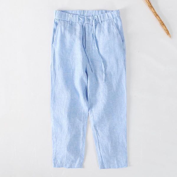 

men's pants c006 spring linen casual for men breathable and comfortable simple drawstring elastic button fresh nine-point trousers, Black