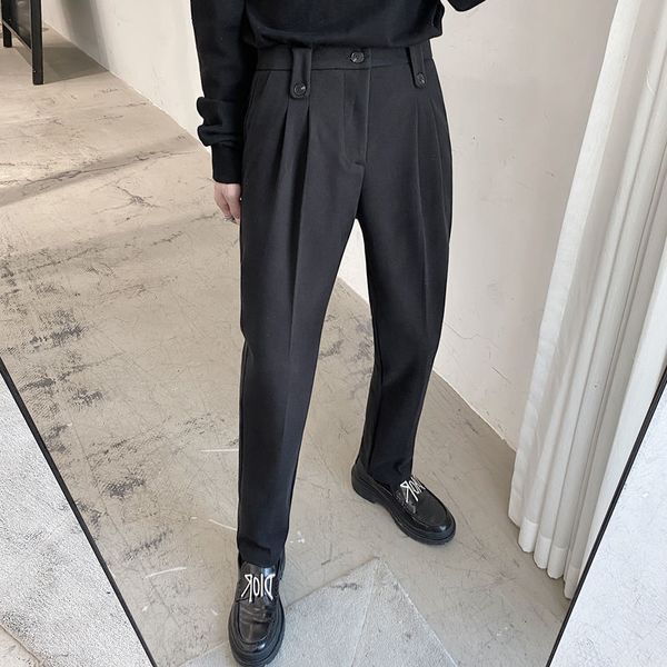 

2021 winter thick woolen men's slim warm fashion business casual men wild suit pants mens social trousers nuge, Black