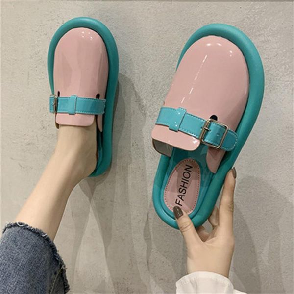 

slippers 2021 leather woman belt buckle round close toe mules slides casual outside slip-on lazy solid low heels flip flops, Black