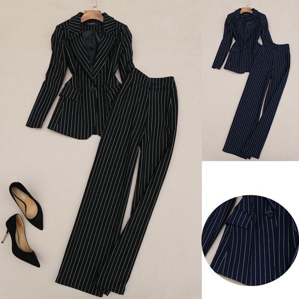 

2 piece set autumn and winter new fashion woolen stripesthin jacket high waist wide leg pants ladies suit 8pmh, Gray