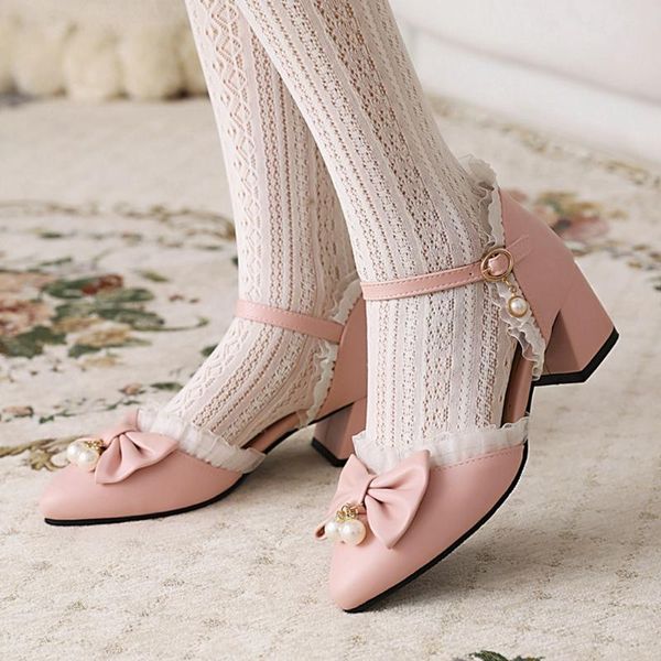 Sandalen Marke zum Verkauf 2021 Chunky Heels Süße Fliege Lolita Stil Spitze Rüschen Sommerschuhe Frauen Große Größe 48