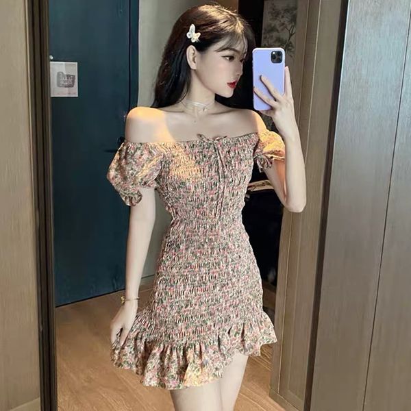 

summer slim stretch word shoulder dress female ruffled bag hip floral dress short sleeve mini dresses temperament commuteswimwear bathing su, Black;gray