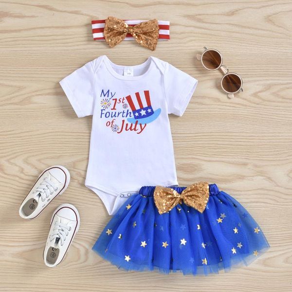

clothing sets 3pcs baby girl clothes set summer born infant romper 1st birthday 4th-of-july romper+star gauze skirts outfit, White