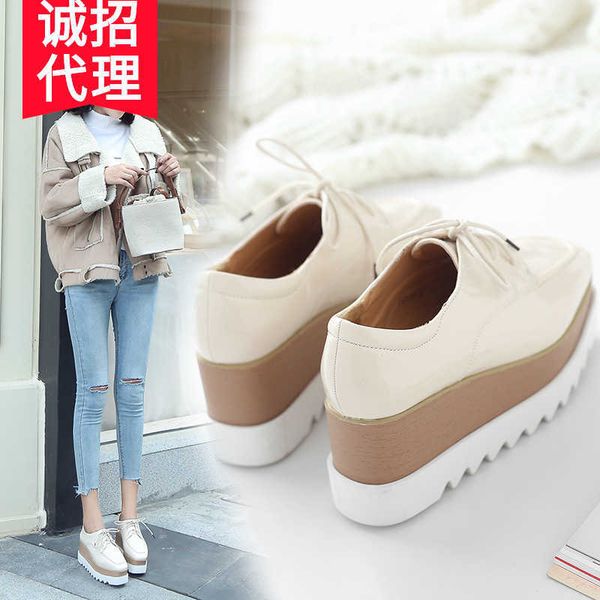 

thick soled muffin sho women 2021 deep mouth square head lace up high heel slope single british style