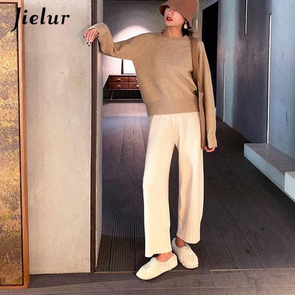 

women's pants & capris knitted women autumn solid color black trousers winter chic slim loose elastic waist pantalones de mujer, Black;white