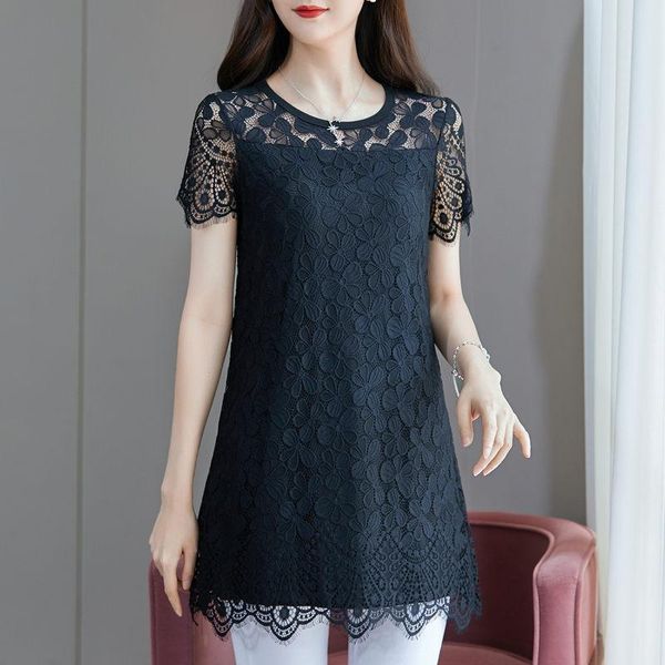 

women's blouses & shirts arrival 2021 summer large size hollow lace shirt medium and long blouse black clothing 3xl 4xl 5xl 6xl zh1053, White
