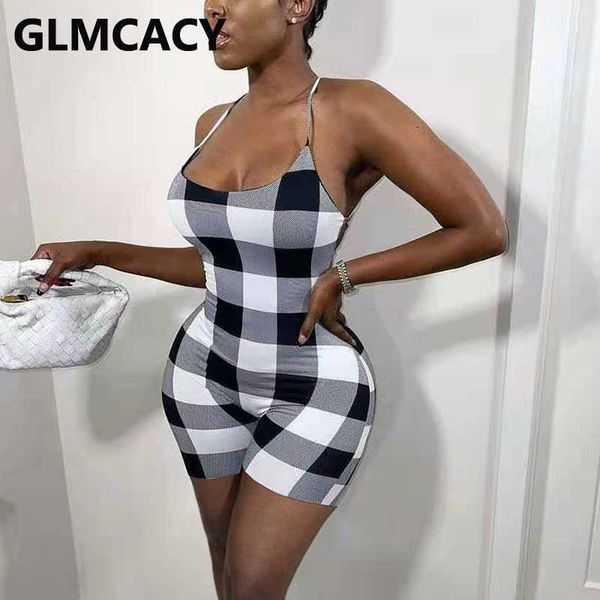 

spaghetti strap backless plaid rompers summer playsuit 210702, Black;white