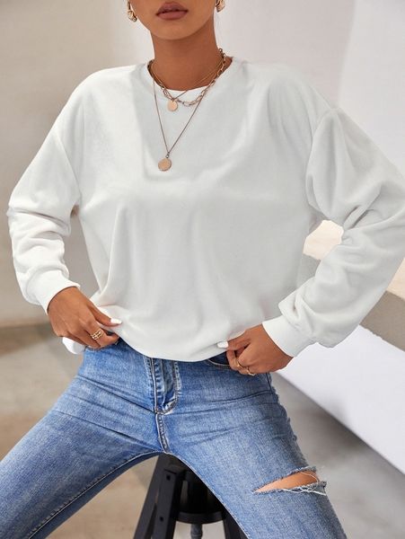 

solid drop shoulder velvet sweatshirt w5yq#, White;black