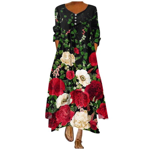 

casual dresses womens long sleeve maxi dress boho beach style floral printed o neck with pockets loose sundress vestidos mujer, Black;gray