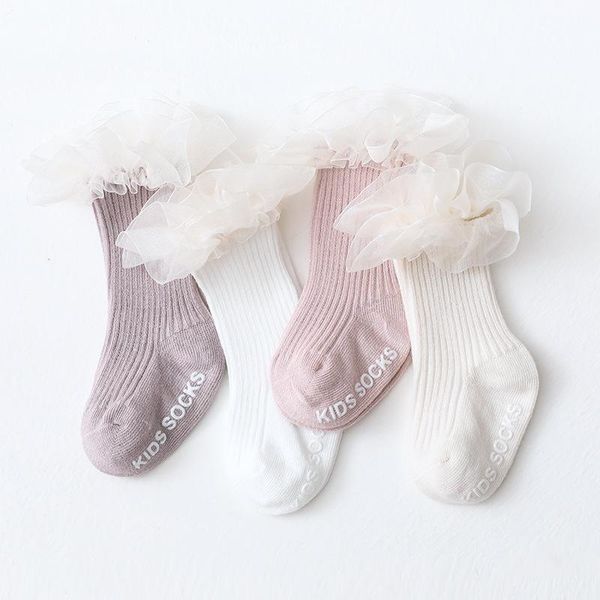 

socks born baby infant kids knee high ruffle girls sock toddler anti slip cotton long frilly lace for 0-3years, Pink;yellow