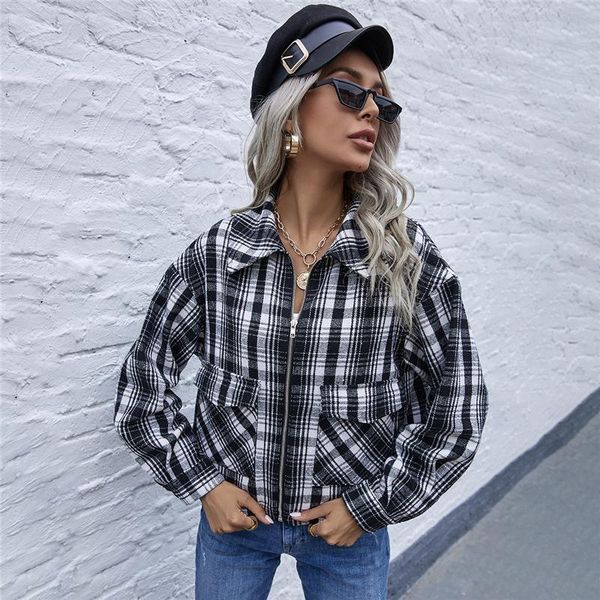 

women's jackets turndown collar tartan plaid jacket coat women autumn vintage drop long sleeve zipper ladies short outerwear, Black;brown