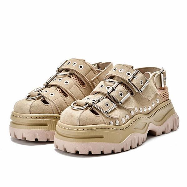 

hollow out women sandals punk style platform creepers rivets studded summer sandal casual flats straps ladies shoes, Black