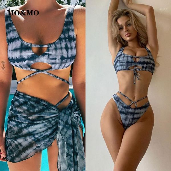 

mo&mo-2021 swimsuit women's print tie-dyed split swimwear, White;black