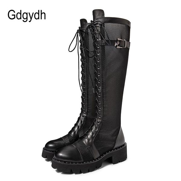 

boots gdgydh genuine leather women breathable mesh cool knee high lace-up chunky heel summer shoes female large size 43, Black