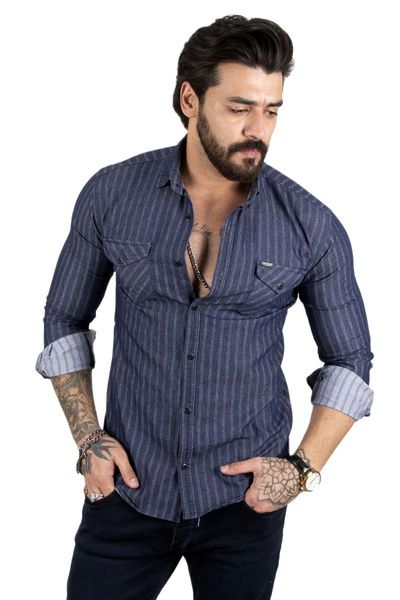 Camicie casual da uomo DeepSEA Camicia di jeans maschile a righe con bottoni automatici in cotone slim fit Lycra di alta qualità Four Seasons 2202159