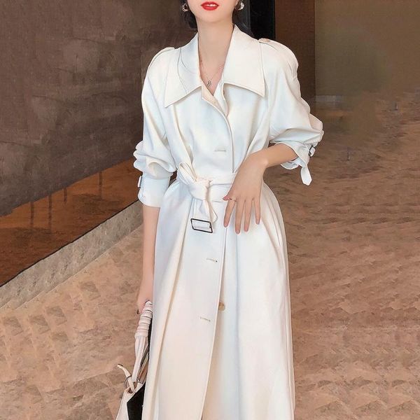 

women's trench coats elegant temperament white mid-length autumn style korean fashion long over-the-knee casual coat, Tan;black