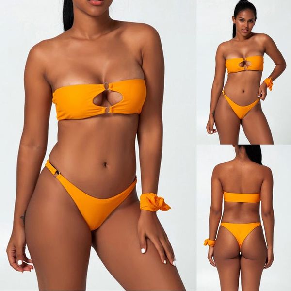 

women solid high cut hollow out bikini set two piece swimsuit bathing suit