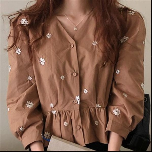 

rugod 2021 new arrivals floral print autumn shirt for ladies v neck puff sleeve female blouses fashionable chic womens, White