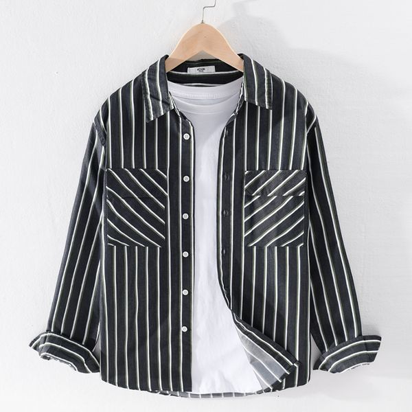 

2021 new summer and autumn long-sleeved stripe brand casual shirts for men fashion comfortable shirt mens chemise camisa gs2d, White;black