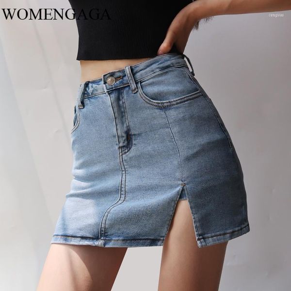 

summer womens high waist unilateral split sheath hip denim short double layer slim for women girl female qsa71, White;black