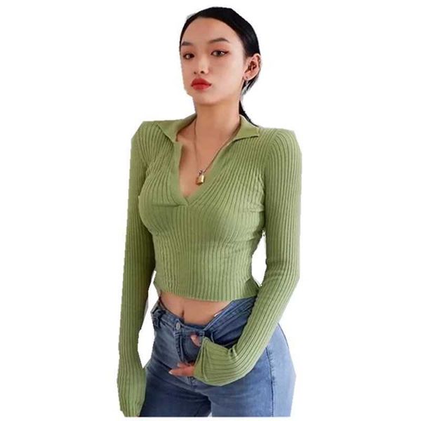 

women knitting striped line lapel v neck sweater vintage exposed navel short pullover knitwear long sleeve jumper t200730, White;black