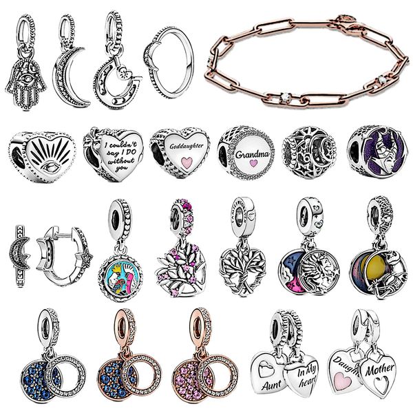 Neue 2020 Winter 925 Silber Rosa Herz Familie Baum Baumeln Charme Mystik Halbmond Moon Hoop Ohrringe Mondring Steine ​​Armband Q0531