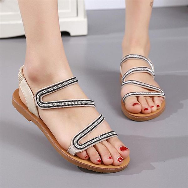 

sandals shoes women's summer women open-toe rhinestone flat elastic band casual low heels sandal 28#4, Black
