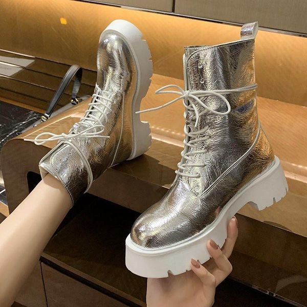 

boots 2021 british style women autumn fashion black leather platform gothic punk combat thick bottom knight boot for