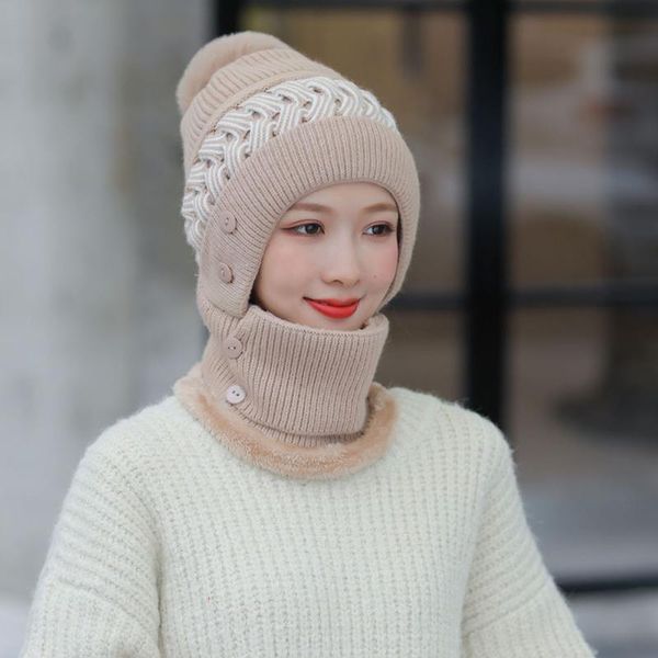 

cycling caps & masks winter windproof warm scarf one-piece hat earmuffs cap knitted beanie for women b2cshop, Black