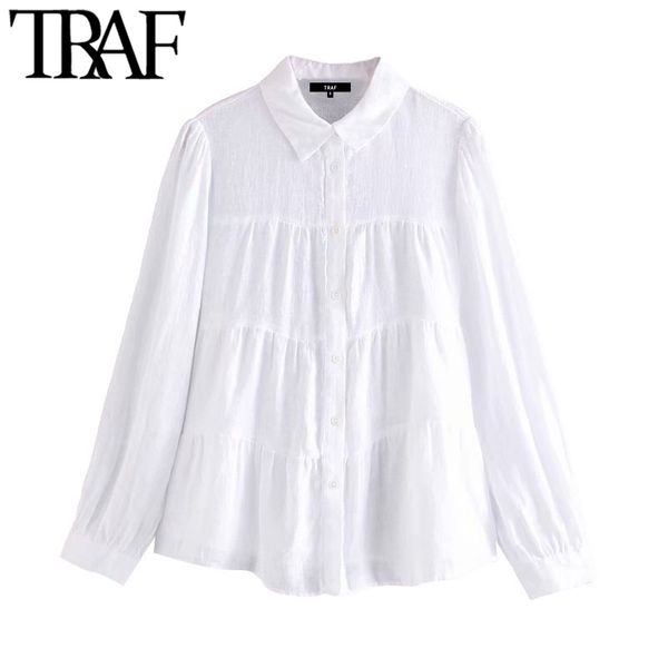 

traf women fashion button-up pleated linen blouses vintage lapel collar long sleeve female shirts blusas chic 210308, White