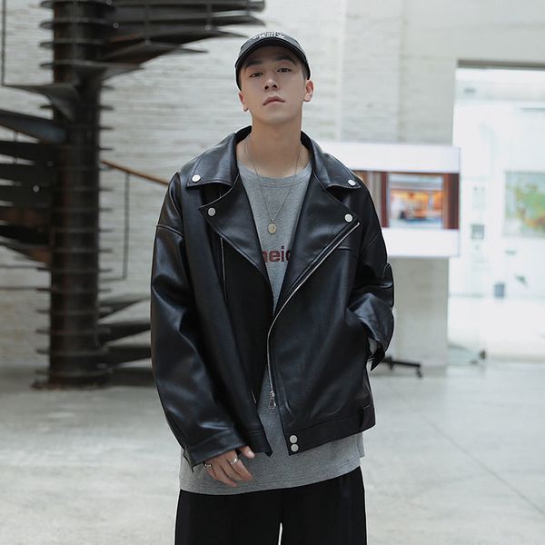 

men's cool pu leather jackets men 2021 new autumn loose streetwear trend locomotive zipper coats black green beige color