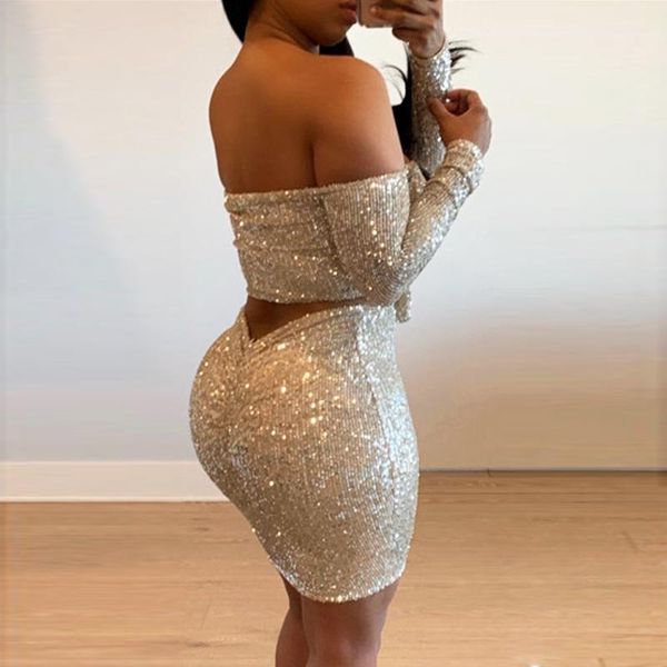 

two piece dress autumn glitter set solid strapless and mini skirt women party 2 outfits, White