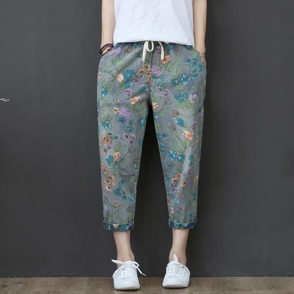 

high waist vintage loose women jean summer denim pants floral print capri for short harem vaqueros mujer, Blue