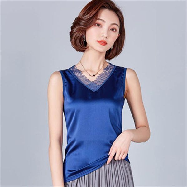 

women's blouses & shirts women summer 2021 casual silk blouse button slim sleeveless blusas feminina o-neck black plus size, White