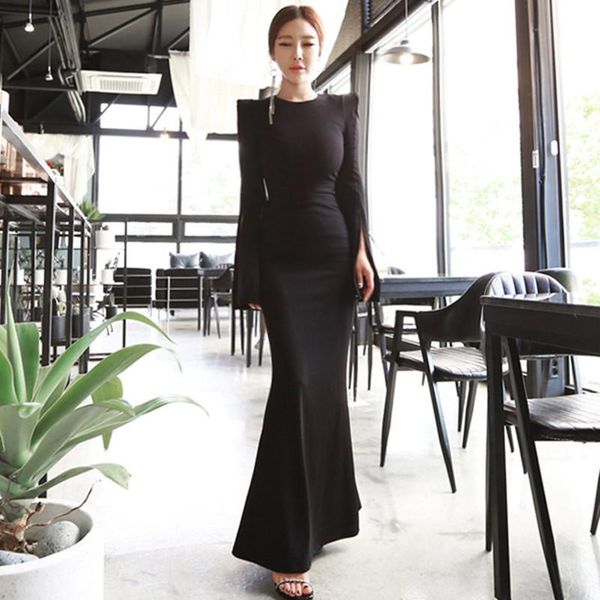 

casual dresses yalishi 2021 autumn women maxi dress bandage party bodycon vintage slim long vestidos de festa black mermaid, Black;gray