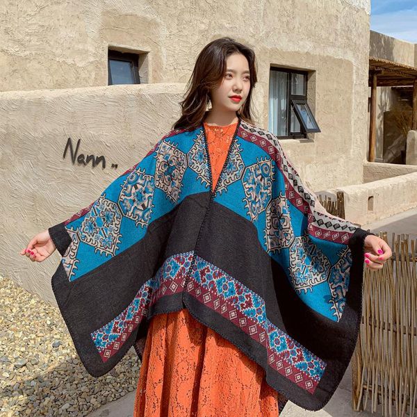 

scarves national style knitwear travel cape shawl female autumn and winter outdoor sunscreen hooded scarf pashmina women, Blue;gray