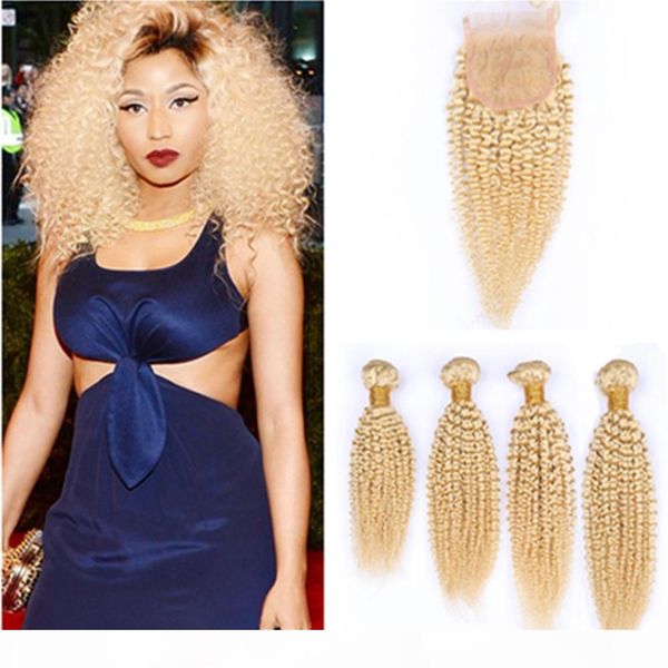 

russian blonde human hair kinky curly weave bundles 4pcs with closure 5pcs lot #613 blonde curly lace front closure 4x4 with weaves, Black;brown