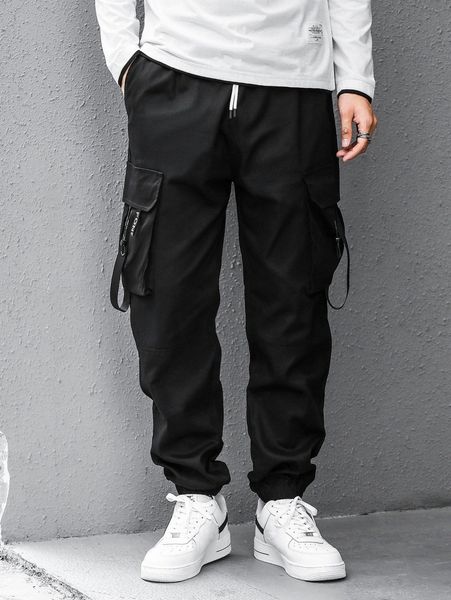 

men strap detail flap pocket drawstring cargo pants g8gx#, Black
