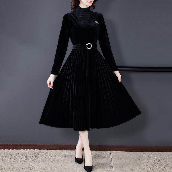 

2021 women elegant black velvet turtelneck dresses spring autumn casual vintage 3xl plus size midi dress bodycon party vestidos, Black;gray